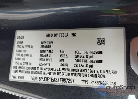 2025 Tesla Model 3 Long Range Rear-Wheel Drive из США, поврежденный, VIN 5YJ3E1EA3SF987297